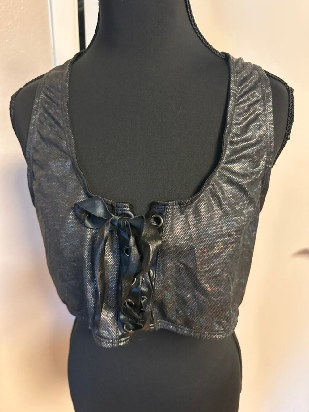 Hot Topic Black Holographic Lace Up Bralette Crop Top Goth Festival Racerback